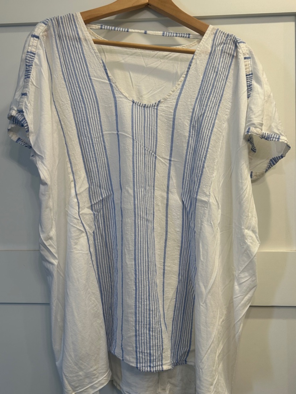 Johnny Was White Tunic with Light Blue Vertical Stripes